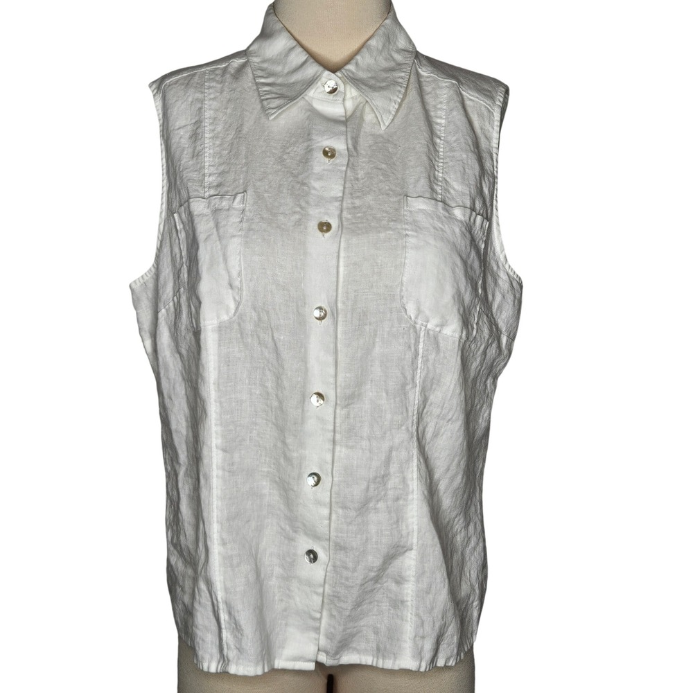 Mantles 100% Linen Sleeveless Button Front Shirt White Shell Buttons Size 16 Med